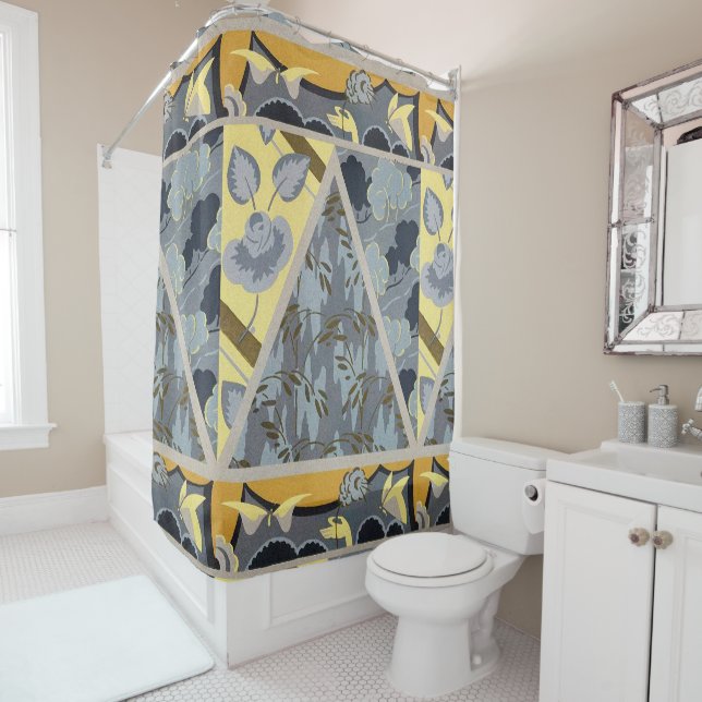 YELLOW BLUE GREY FLOWERS, BUTTERFLIES BOLD FLORAL SHOWER CURTAIN (In Situ)
