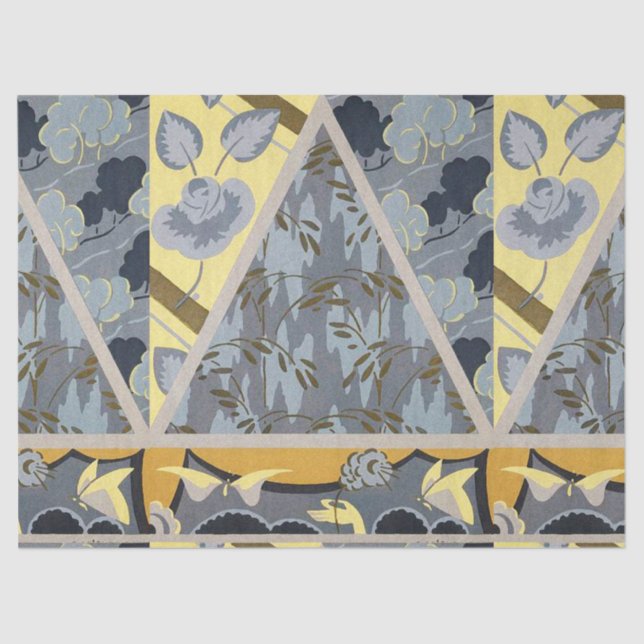 YELLOW BLUE GREY FLOWERS, BUTTERFLIES BOLD FLORAL TISSUE PAPER (Front)