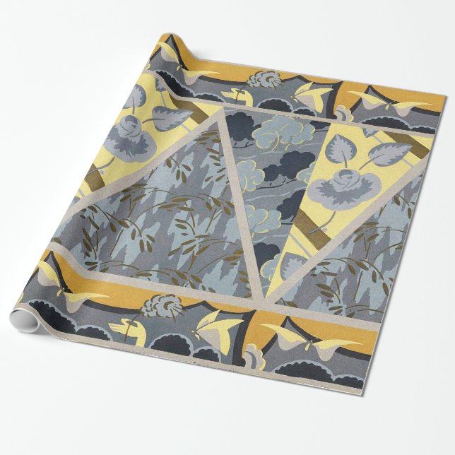 YELLOW BLUE GREY FLOWERS, BUTTERFLIES BOLD FLORAL WRAPPING PAPER (Unrolled)