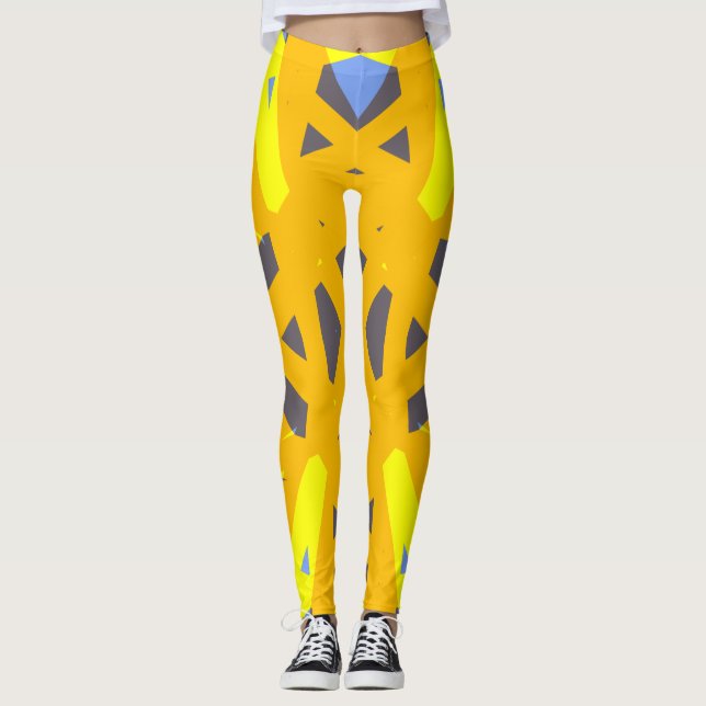 Yellow Blue Grey Vibrant Abstract Geometric Leggings (Front)