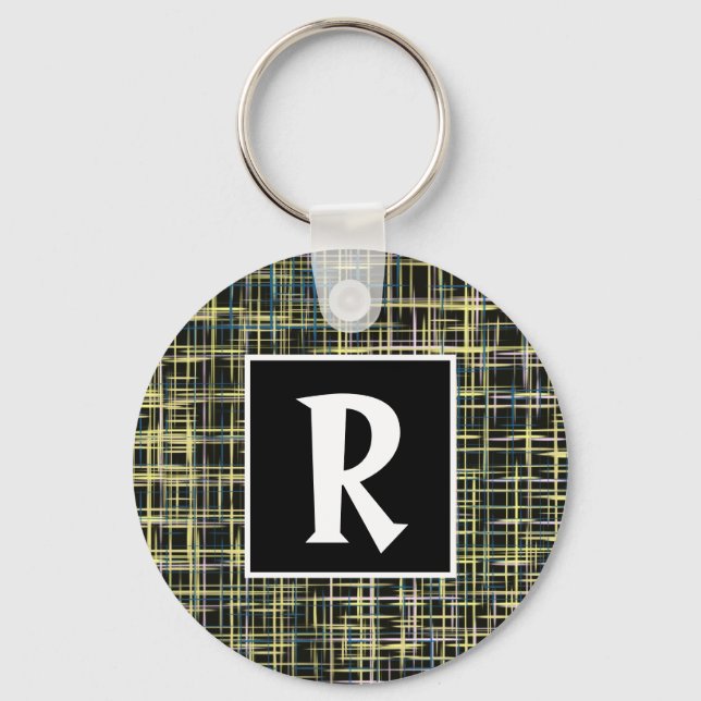 Yellow & Blue Grid Abstract Letter Key Ring (Front)