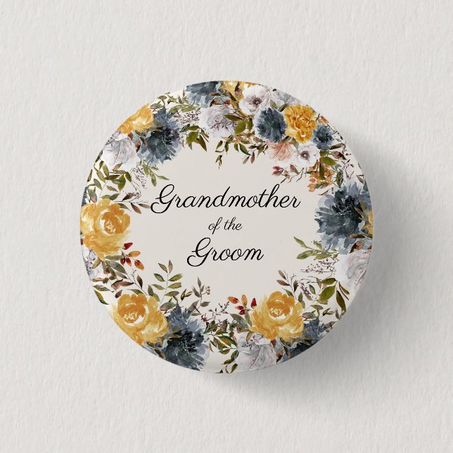  Yellow Blue Handpainted Floral Grandmother Groom  3 Cm Round Badge (Front)