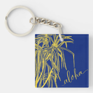 Yellow Blue Hau Tree Aloha Square Keychain Mini