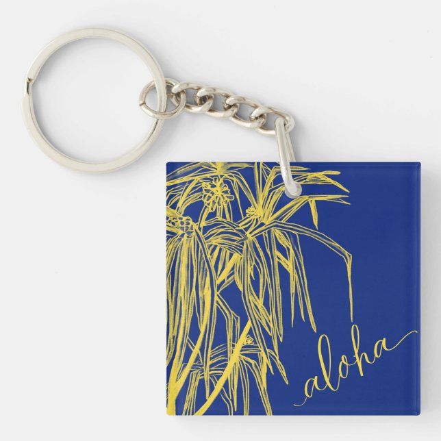 Yellow  Blue Hau Tree Aloha Square Keychain Mini (Front)