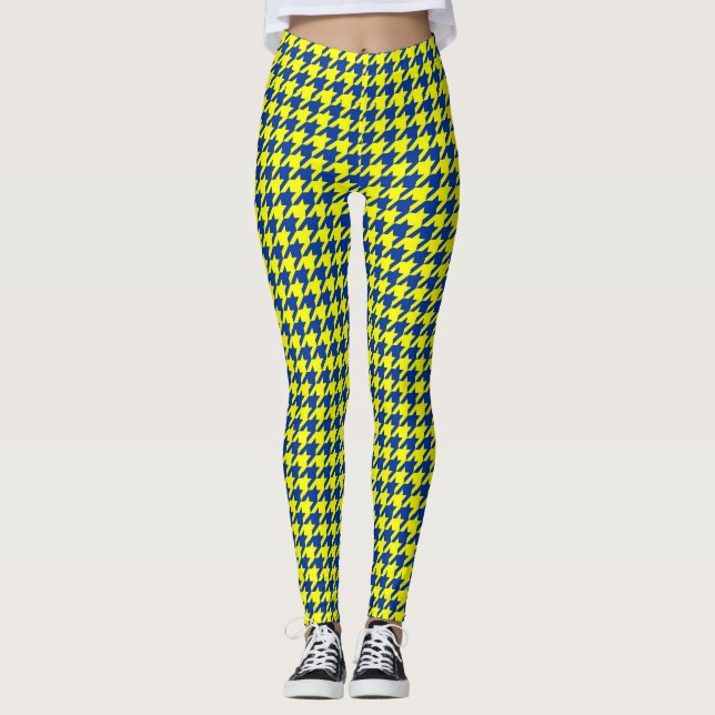 Yellow Blue Houndstooth Plaid Check Leggings (Front)