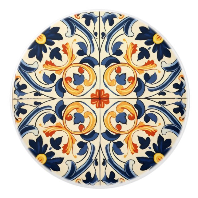 Yellow Blue Italian Tile Ceramic Knob (Front)