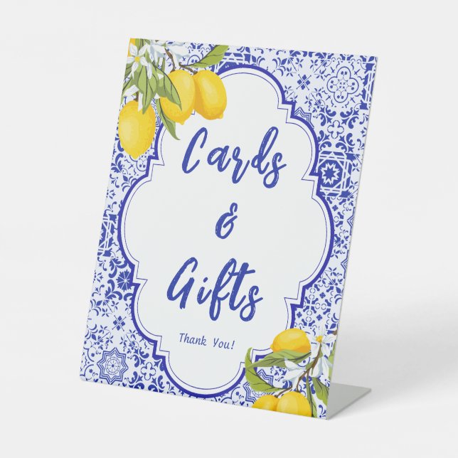 Yellow Blue Lemon Bridal Shower Cards & Gifts Pedestal Sign (Front)