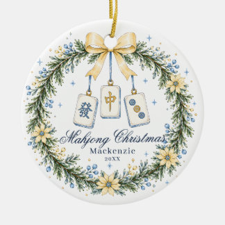 Yellow & Blue Mahjong Tile Wreath Christmas Ceramic Tree Decoration