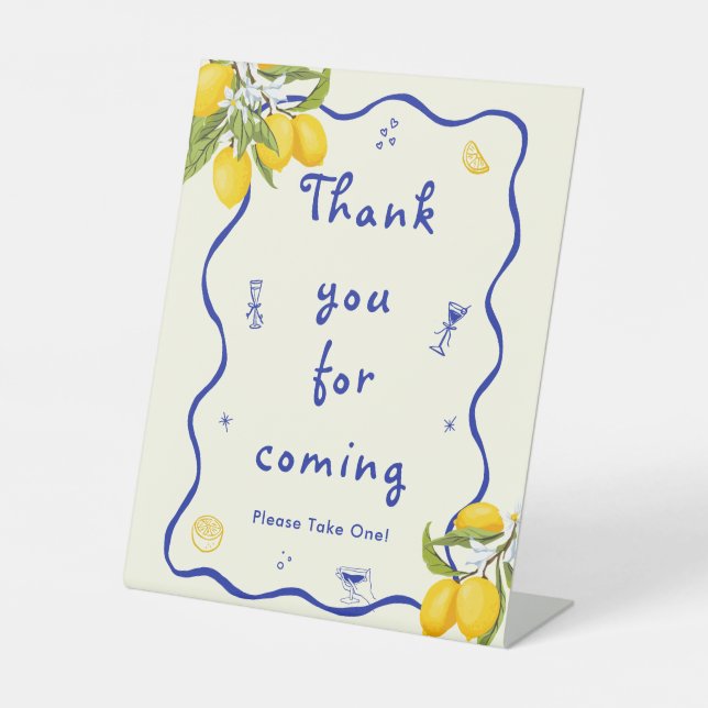 Yellow Blue Main Squeeze Bridal Shower Favour Pedestal Sign (Front)