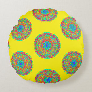 Yellow Blue Mandala Boho Reversible Round Pillow