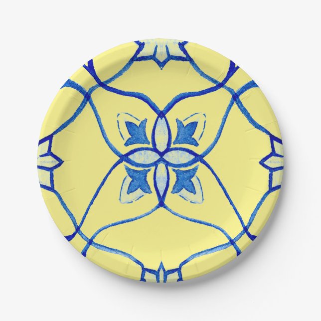 Yellow  & Blue Mediterranean Round Paper Plate (Front)