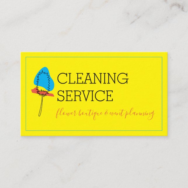 Yellow Blue Minimalist Janitorial Handy Mop Clean Business Card (Front)