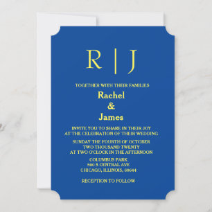 Yellow Blue Monograms Minimal Elegant Wedding Invitation