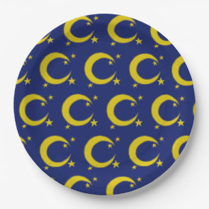 Yellow Blue Night Sky Crescent Moon Stars Evening Paper Plate
