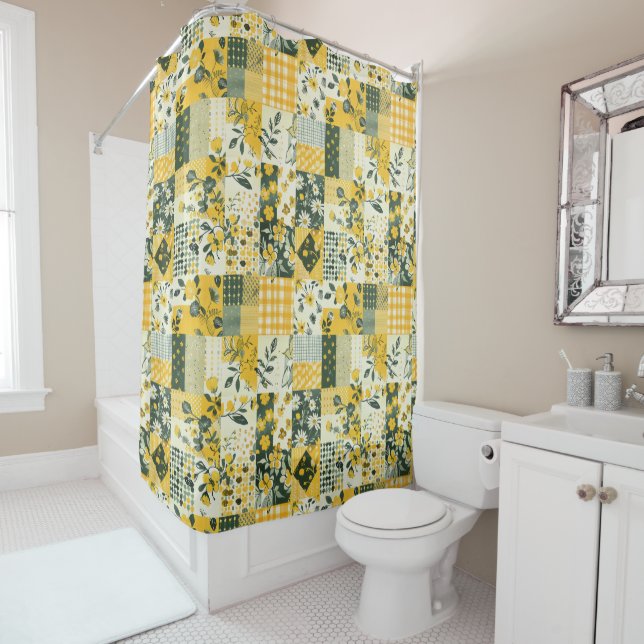 Yellow Blue Patchwork Quilt Rustic Floral Retro  Shower Curtain (In Situ)