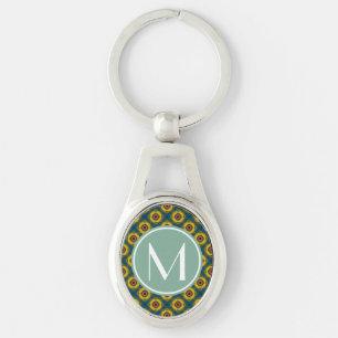 Yellow Blue Pattern with Mint and White Monogram Key Ring
