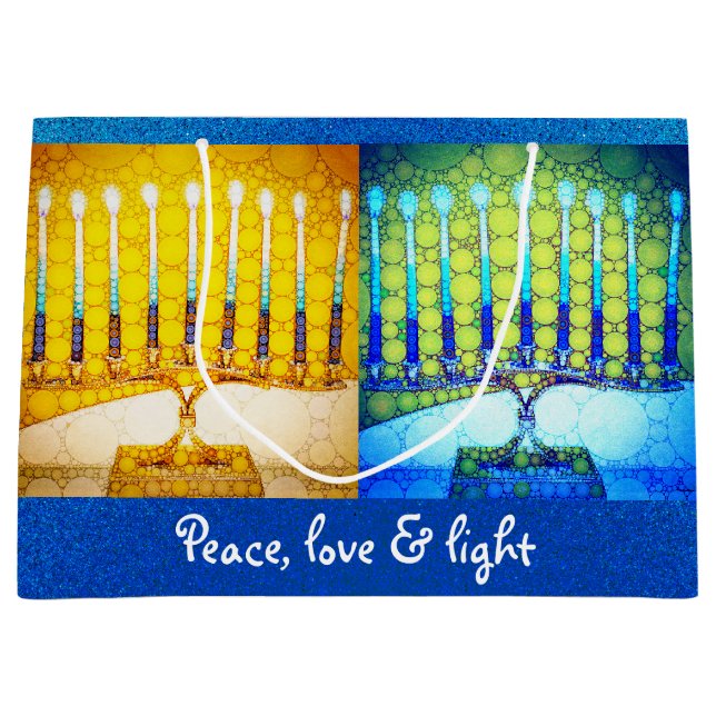 Yellow Blue Peace Love Light Hanukkah Menorahs Large Gift Bag (Front)