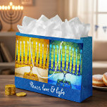 Yellow Blue Peace Love Light Hanukkah Menorahs Large Gift Bag<br><div class="desc">“Peace, love & light.” A close-up artsy, photo illustration of yellow and blue brightly coloured menorahs help you usher in the holiday of Hanukkah. Feel the warmth and joy of the holiday season whenever you use this cute and fun custom large size gift bag. Sparkly blue faux glitter adorns the...</div>