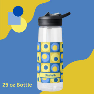 Yellow Blue Personalised Square Dot Pattern Water Bottle