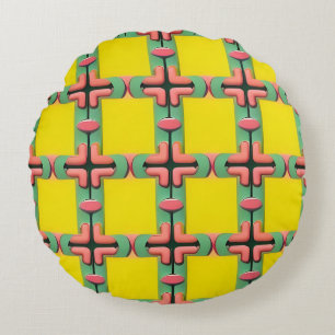 Yellow Blue Pink Geometric Plaid Pattern Round Cushion
