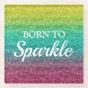 Yellow, Blue & Pink Glitter Born to Sparkle Glass Coaster