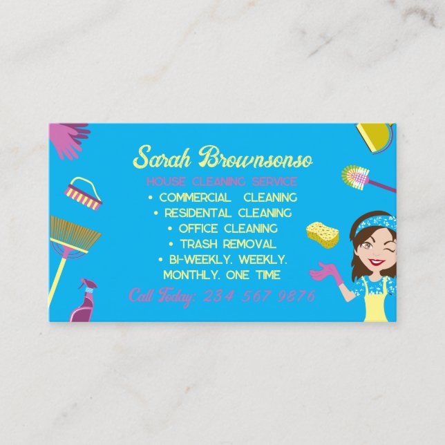 Yellow Blue Pink Housekeeper cleaning Janitorial Business Card (Front)