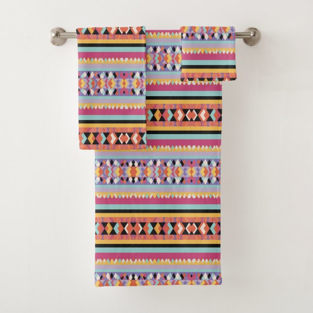 Yellow Blue Pink Pattern mix Bath Towel Set (Insitu)