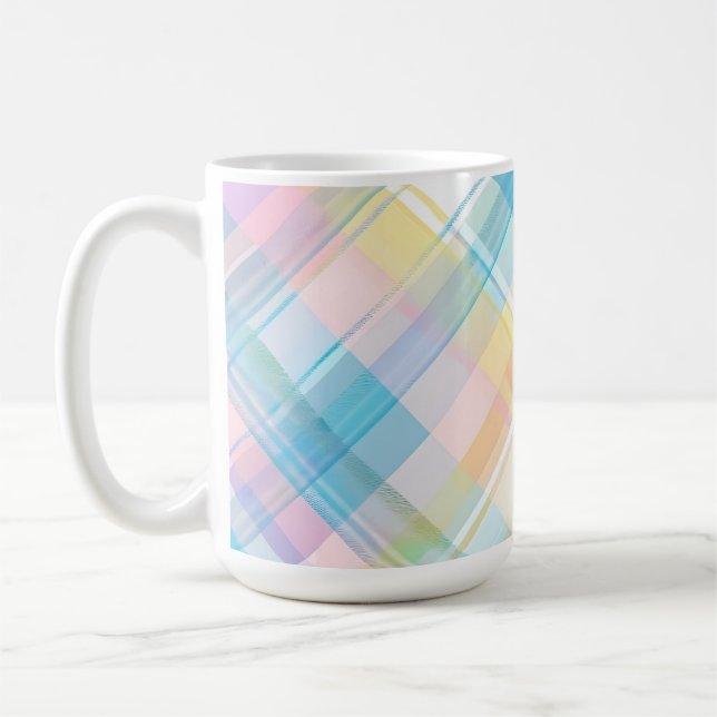 YELLOW BLUE PINK PURPLE EASTER PLAID PATTERN COFFEE MUG (Left)