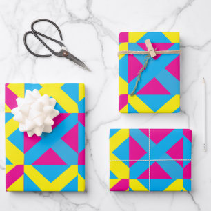 Yellow Blue Pink Square Geometric Pattern Wrapping Paper Sheet