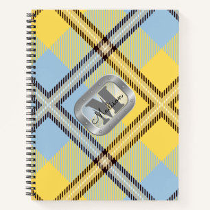 Yellow Blue Plaid Tartan Metallic Steel Monogram Notebook