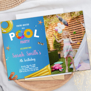 Yellow Blue Pool Birthday Invitations with photo