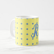 yellow & blue, pretty pattern, monogram mug