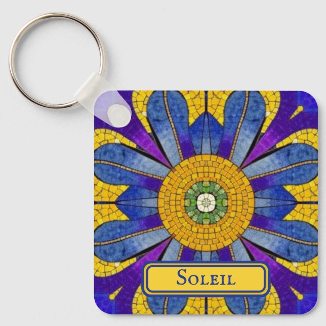Yellow & Blue Provencal Mosaic add text both sides Key Ring (Front)