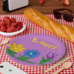 Yellow Blue Purple Hand-Painted Flowers  Paper Plate