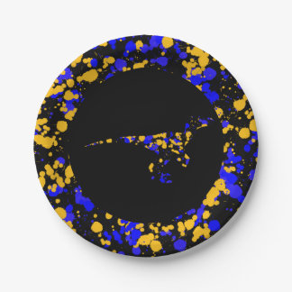 Yellow Blue Raptor Splattered Paint Paper Plate