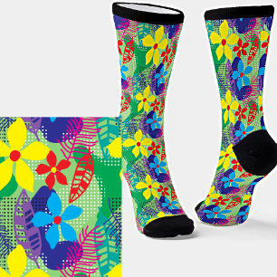 Yellow Blue Red Modern Floral Socks