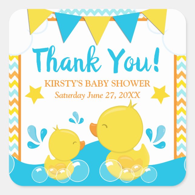 Yellow & Blue Rubber Ducky Polka Dot Baby Shower Square Sticker (Front)