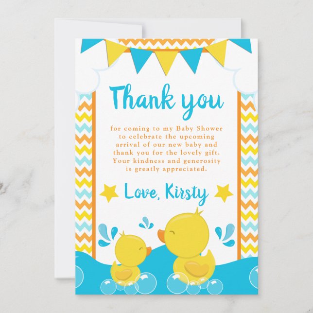 Yellow & Blue Rubber Ducky Polka Dot Baby Shower Thank You Card (Front)