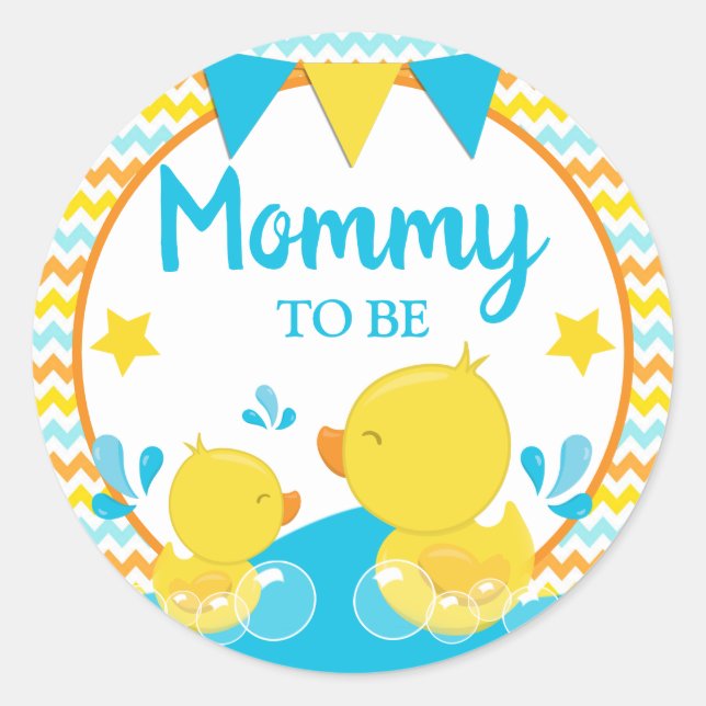 Yellow & Blue Rubber Ducky Polka Dot Mummy to be Classic Round Sticker (Front)