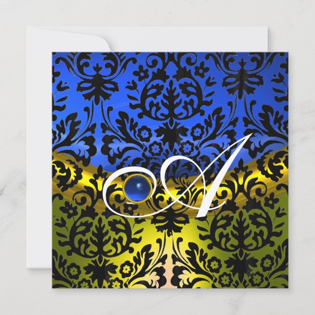 YELLOW BLUE SAPPHIRE BLACK DAMASK MONOGRAM INVITATION (Front)