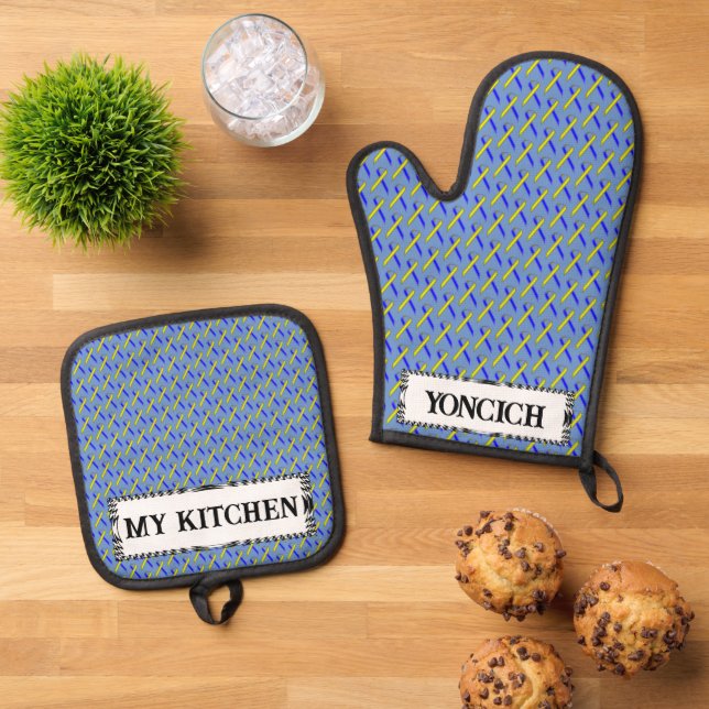Yellow-Blue Standard Ribbon by Kenneth Yoncich Oven Mitt & Pot Holder Set (Top Down)