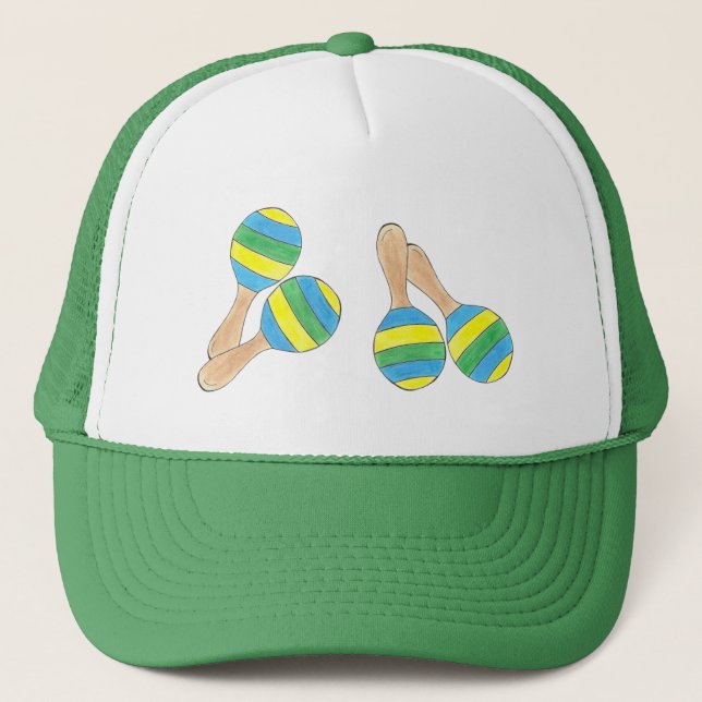Yellow Blue Striped Maracas Fiesta Music Party Trucker Hat (Front)