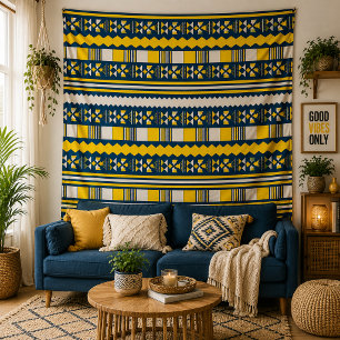 Yellow Blue Tribal Geometric Pattern Boho Wall Tapestry