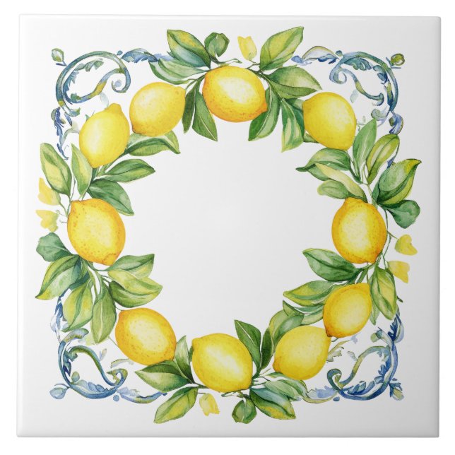 Yellow & Blue Tuscan Mediterranean Lemons Tile (Front)