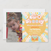Yellow Blue Two Groovy Retro Photo 2nd Birthday