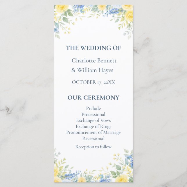 Yellow Blue Watercolor Floral Wedding Program Programme (Front)