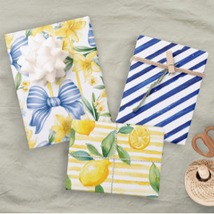 Yellow Blue Watercolor Lemons Bows Stripes Wrapping Paper Sheet