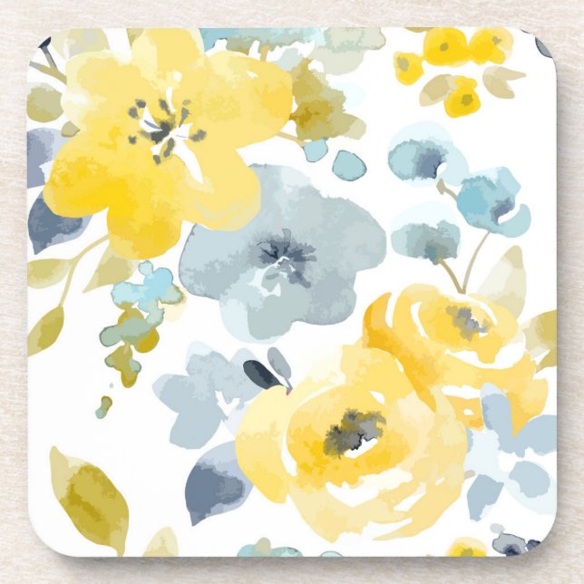 Yellow & Blue Watercolor Pattern Coaster (Front)