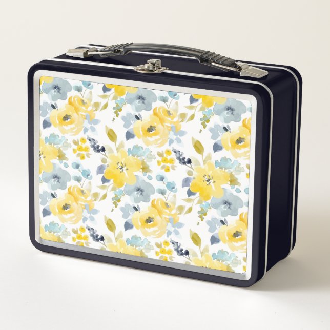 Yellow & Blue Watercolor Pattern Metal Lunch Box (Front)