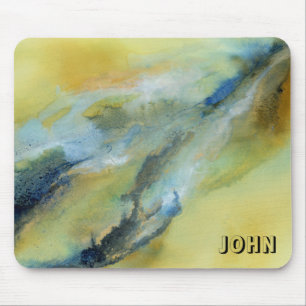 Yellow Blue White Abstract Marble Art Mouse Mat